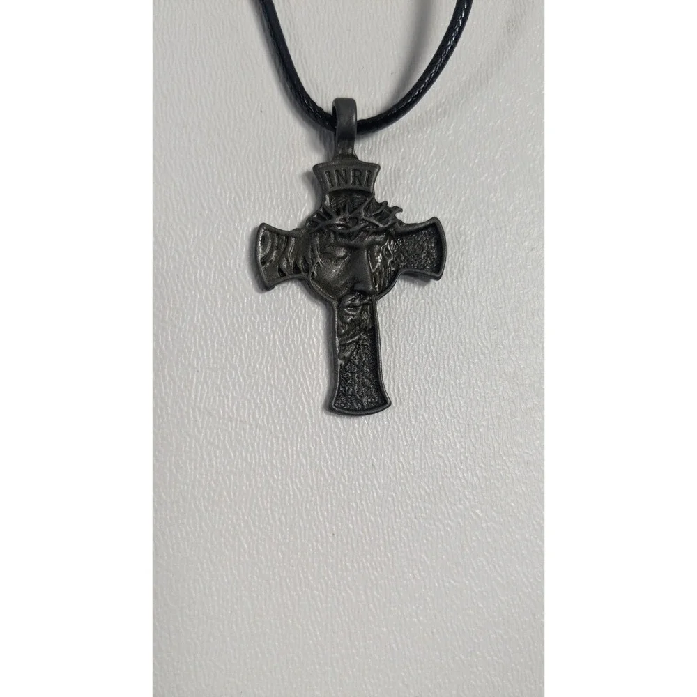 Jesus Christ Face Crucifix Cross Pendant Necklace INRI Gunmetal Black Cord